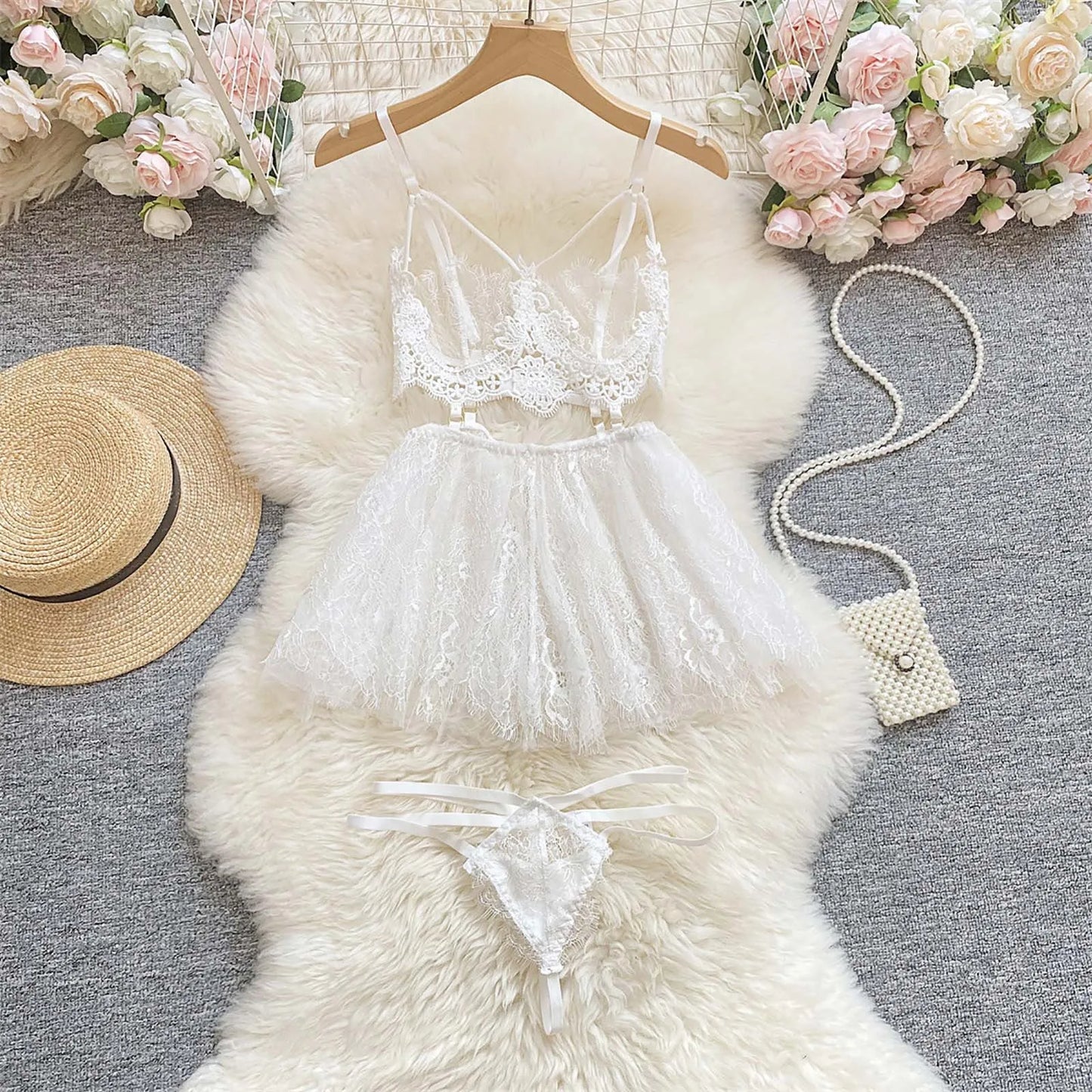 Women Lace Sexy Lingerie Mesh Lace High Waisted Strappy Exotic Sleepwear Nightdress Ladies Ruffle Lace Purelingeries Sexy Hot