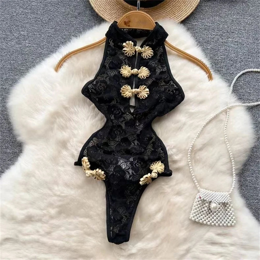 Stand Neck Halter Sleeveless Women's Bodysuit Backless Hollow Out Sexy Lace Black Playsuit Slim Pajamas China Qi Pao Black Sexy
