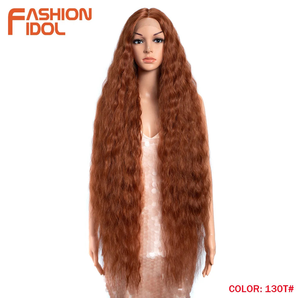 FASHION IDOL 42 Inches Lace Wig Hair Synthetic Wigs For Black Women Ombre Blonde Pink Water Wavy Long Curly Hair Wigs Cosplay