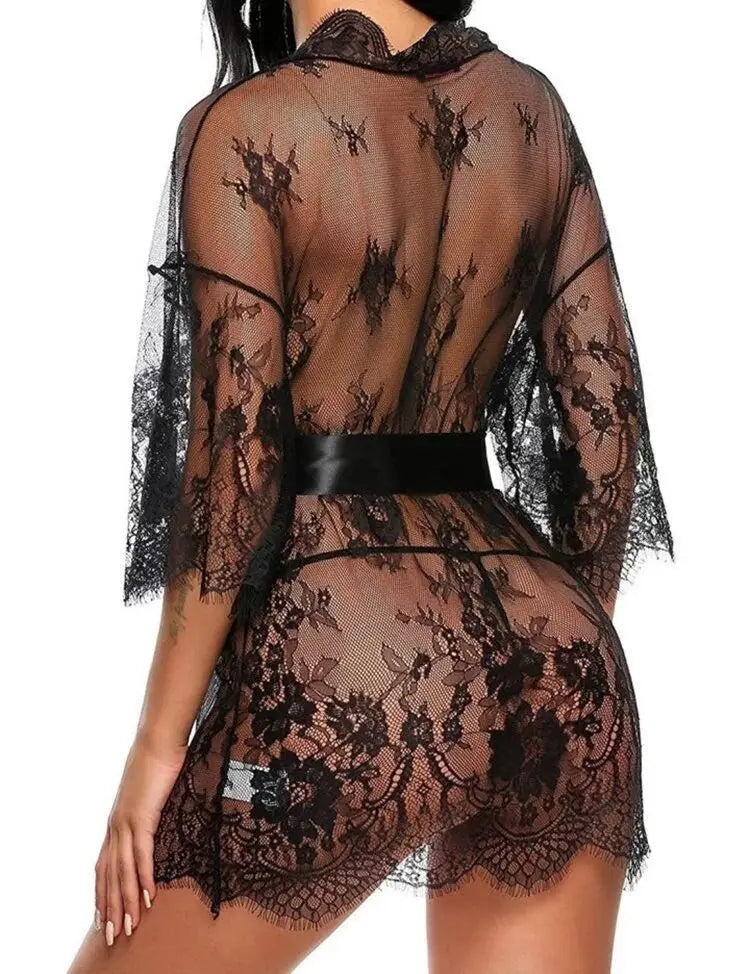 Ladies' Sexy Lace Pajama Set with Three Quarter Sleeves Knitted High and Thin Transparent and Extremely Tempting