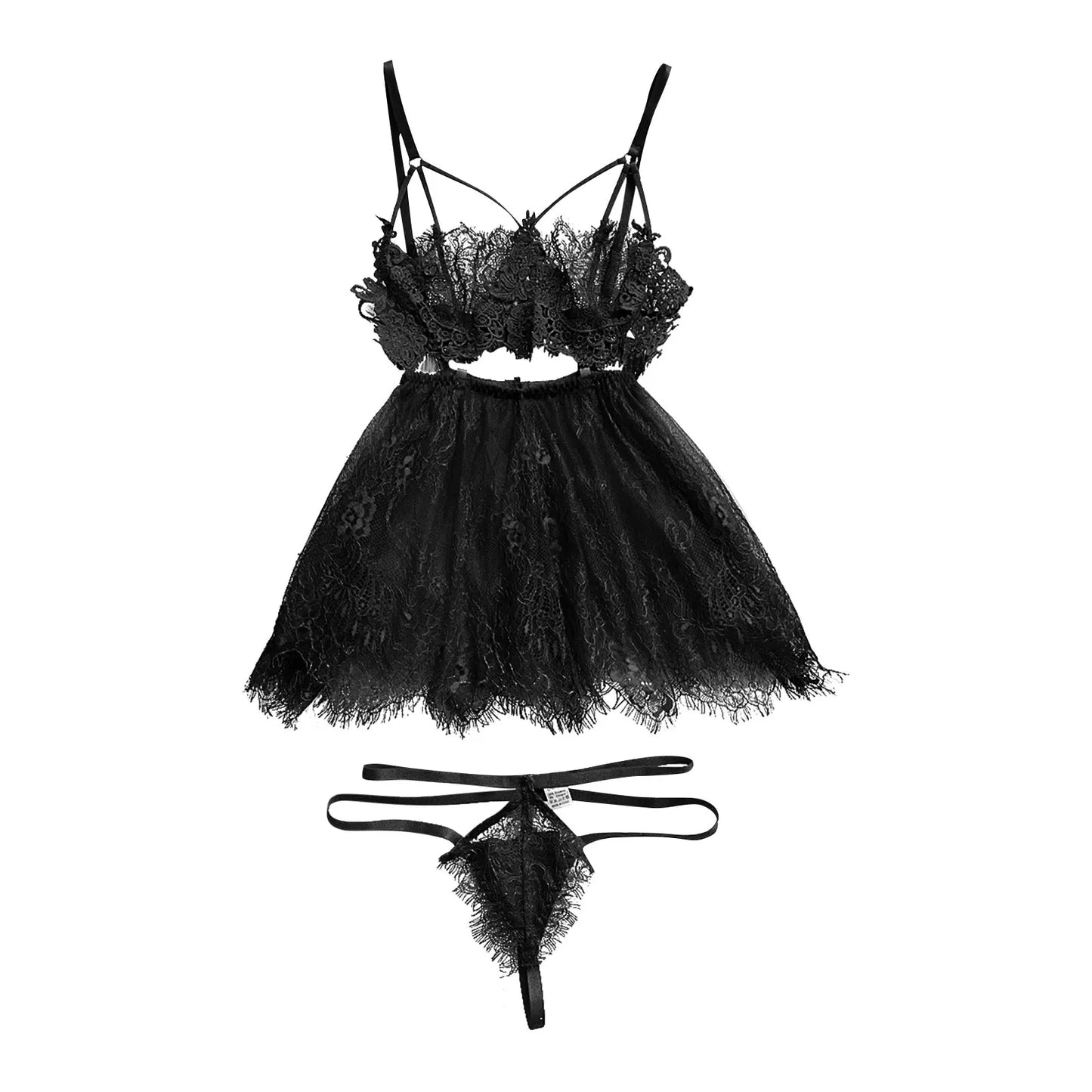 Women Lace Sexy Lingerie Mesh Lace High Waisted Strappy Exotic Sleepwear Nightdress Ladies Ruffle Lace Purelingeries Sexy Hot