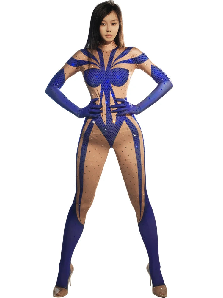stage sexy blue pink rhinestones long sleeve jumpsuit women pole club Leotard Dance birthday party DS Singer drag queen Costumes