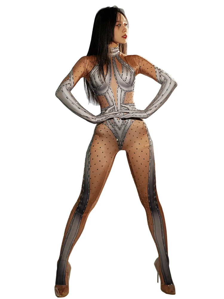 stage sexy blue pink rhinestones long sleeve jumpsuit women pole club Leotard Dance birthday party DS Singer drag queen Costumes