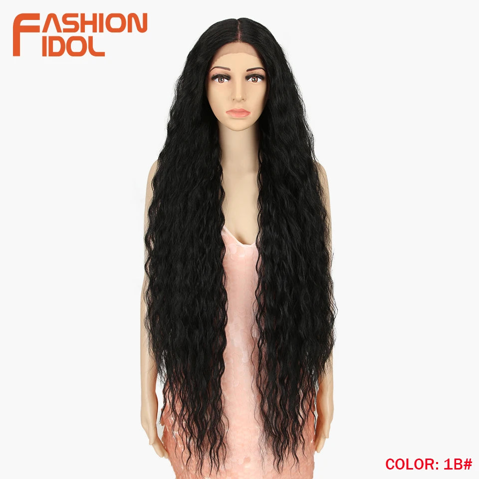 FASHION IDOL 42 Inches Lace Wig Hair Synthetic Wigs For Black Women Ombre Blonde Pink Water Wavy Long Curly Hair Wigs Cosplay