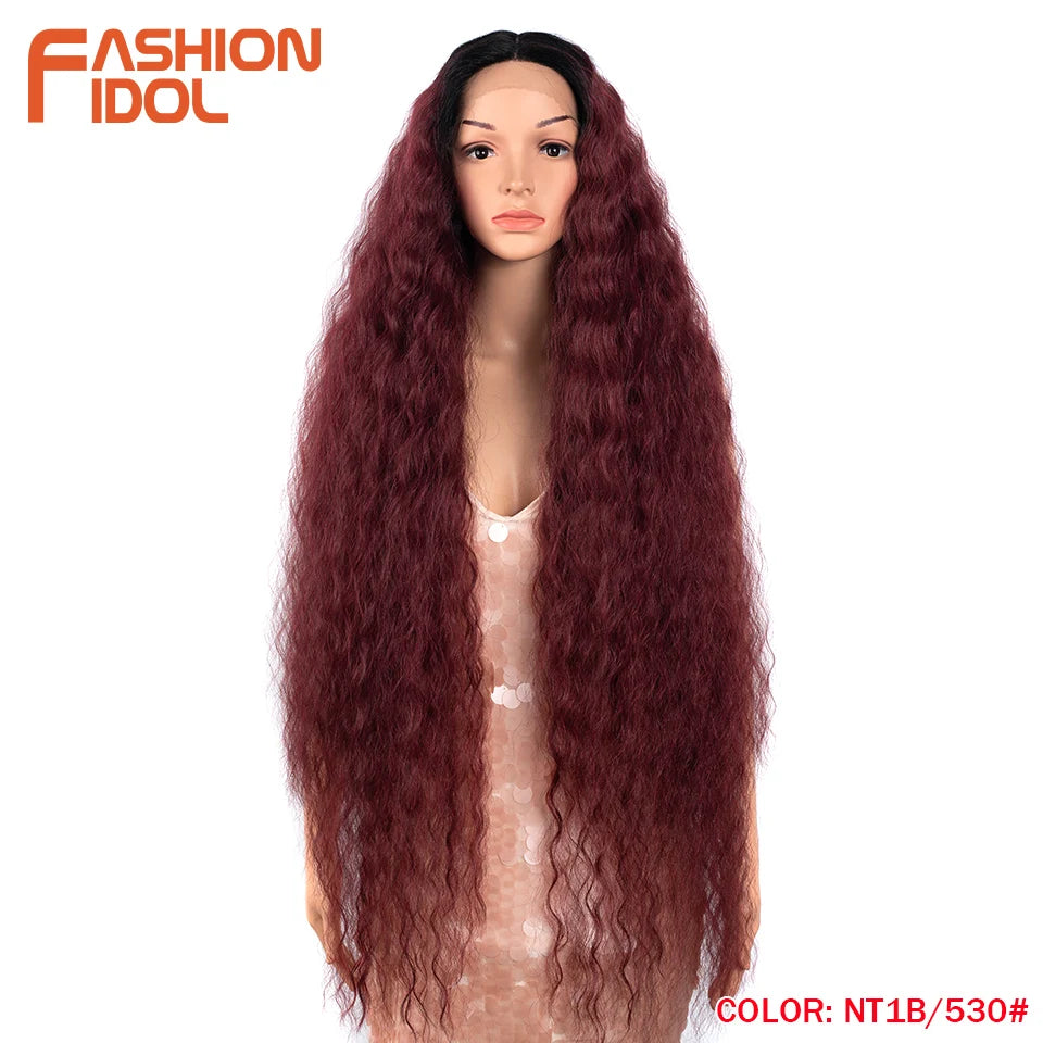 FASHION IDOL 42 Inches Lace Wig Hair Synthetic Wigs For Black Women Ombre Blonde Pink Water Wavy Long Curly Hair Wigs Cosplay