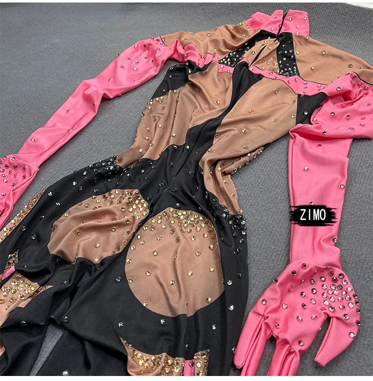 stage sexy blue pink rhinestones long sleeve jumpsuit women pole club Leotard Dance birthday party DS Singer drag queen Costumes