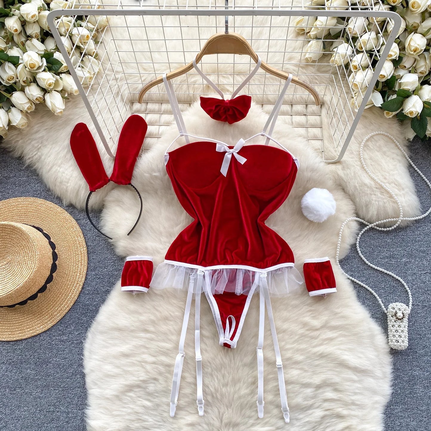 Hotsweet Sexy Bunny Baby Cosplay Bodysuit Club Black/Red Erotic Rabbit Gril Playsuit Camisole Bodycon Lingerie Lace Nightwear