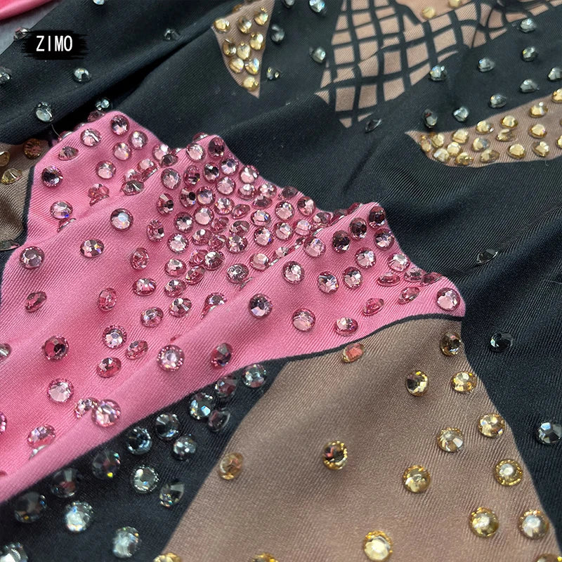 stage sexy blue pink rhinestones long sleeve jumpsuit women pole club Leotard Dance birthday party DS Singer drag queen Costumes