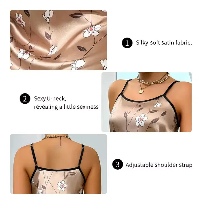 Women's Sleepwear Summer Floral Print Satin Nightgown Casual Sleeveless Backless Slip Night Dress Sexy Nightdress Home Clothes