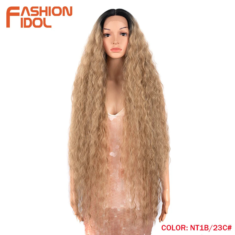 FASHION IDOL 42 Inches Lace Wig Hair Synthetic Wigs For Black Women Ombre Blonde Pink Water Wavy Long Curly Hair Wigs Cosplay