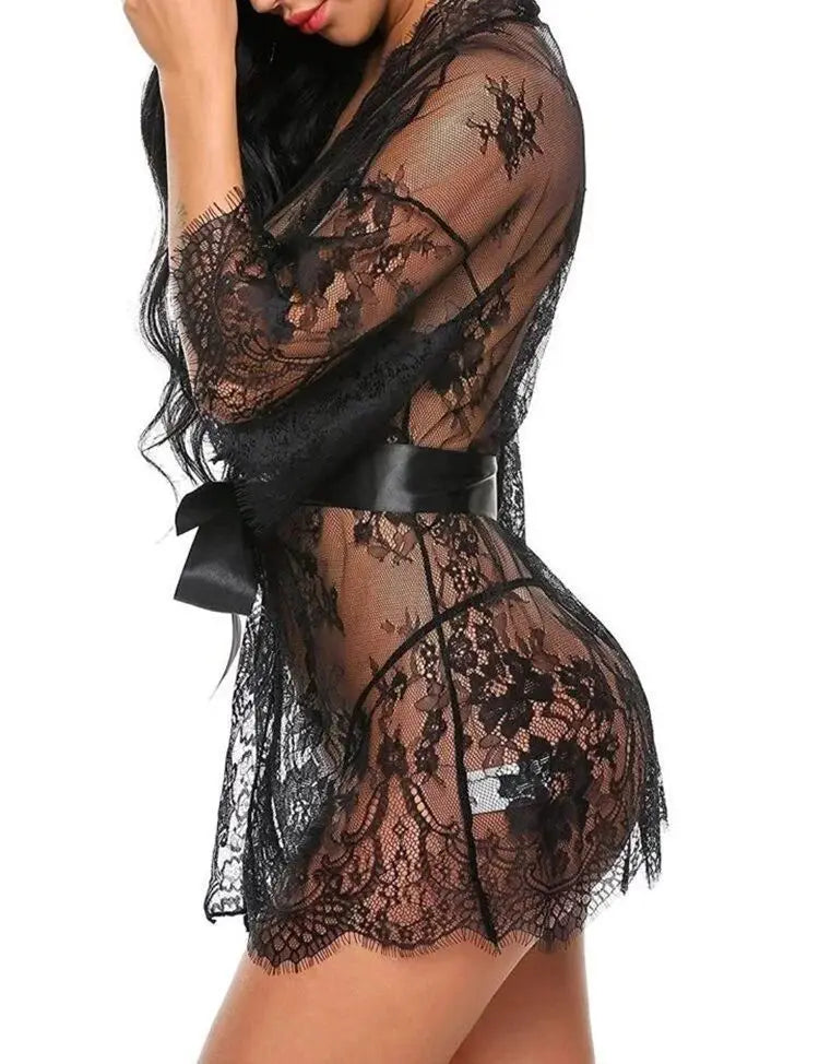 Ladies' Sexy Lace Pajama Set with Three Quarter Sleeves Knitted High and Thin Transparent and Extremely Tempting
