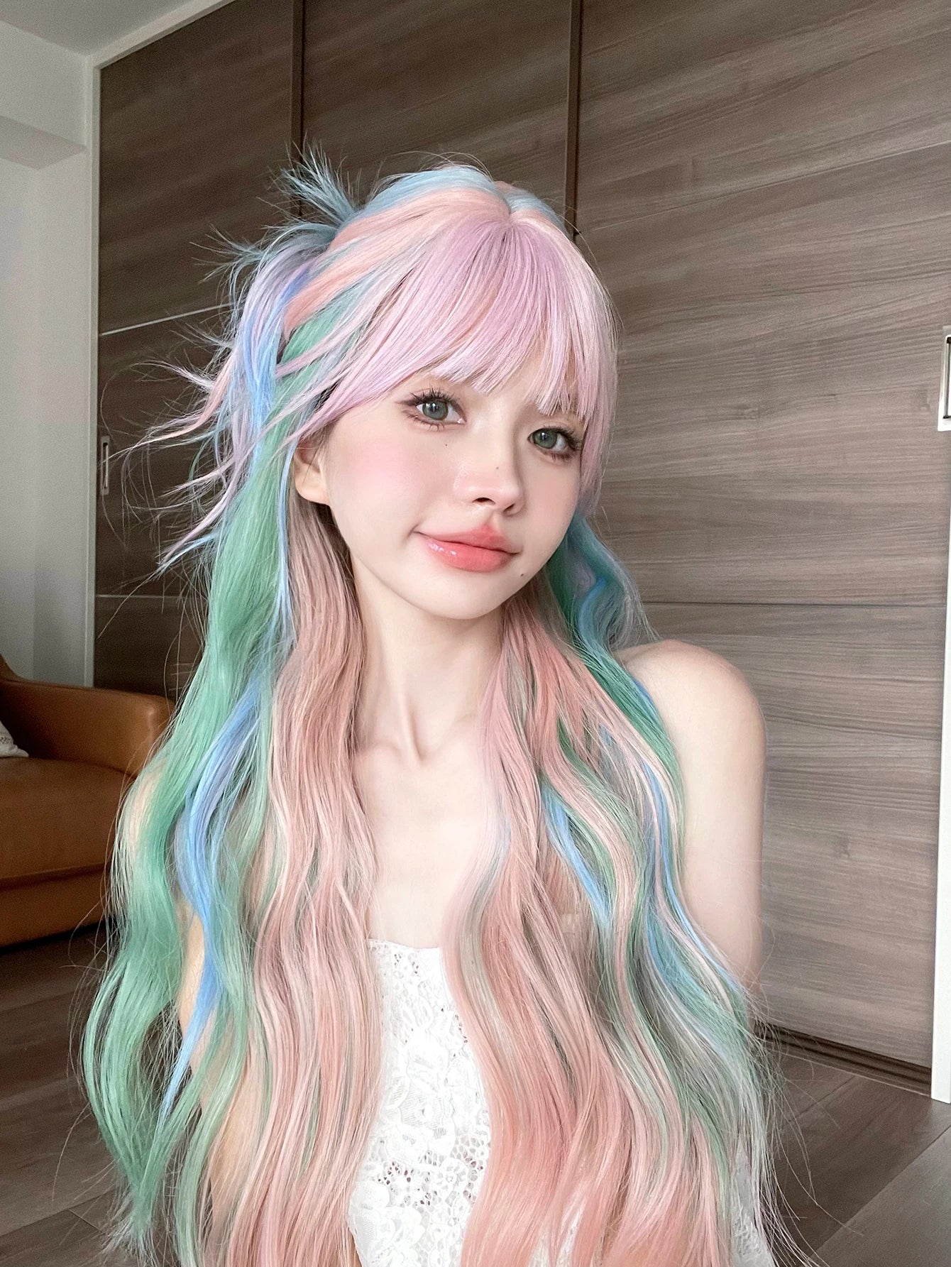28Inch Iridescent Rainbow Color Multicolour Synthetic Wigs with Bang Long Natural Wavy Hair Wig for Women Cosplay Heat Resistant