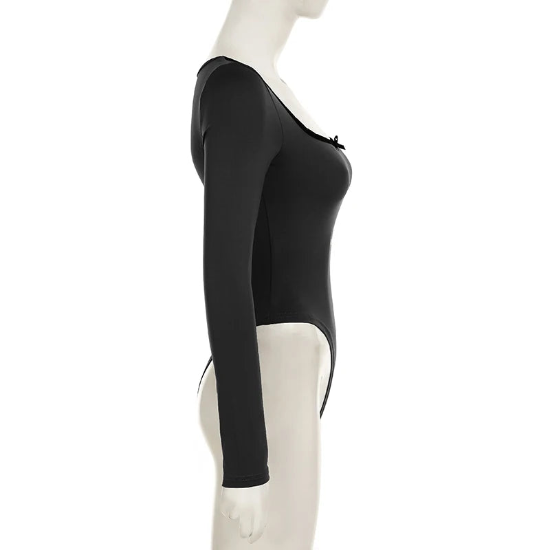 BIIKPIIK Basic Lace Bodysuits For Women Sweet Casual Square Collar Full Sleeve Black Rompers Young Hot All-matched Slim Overalls