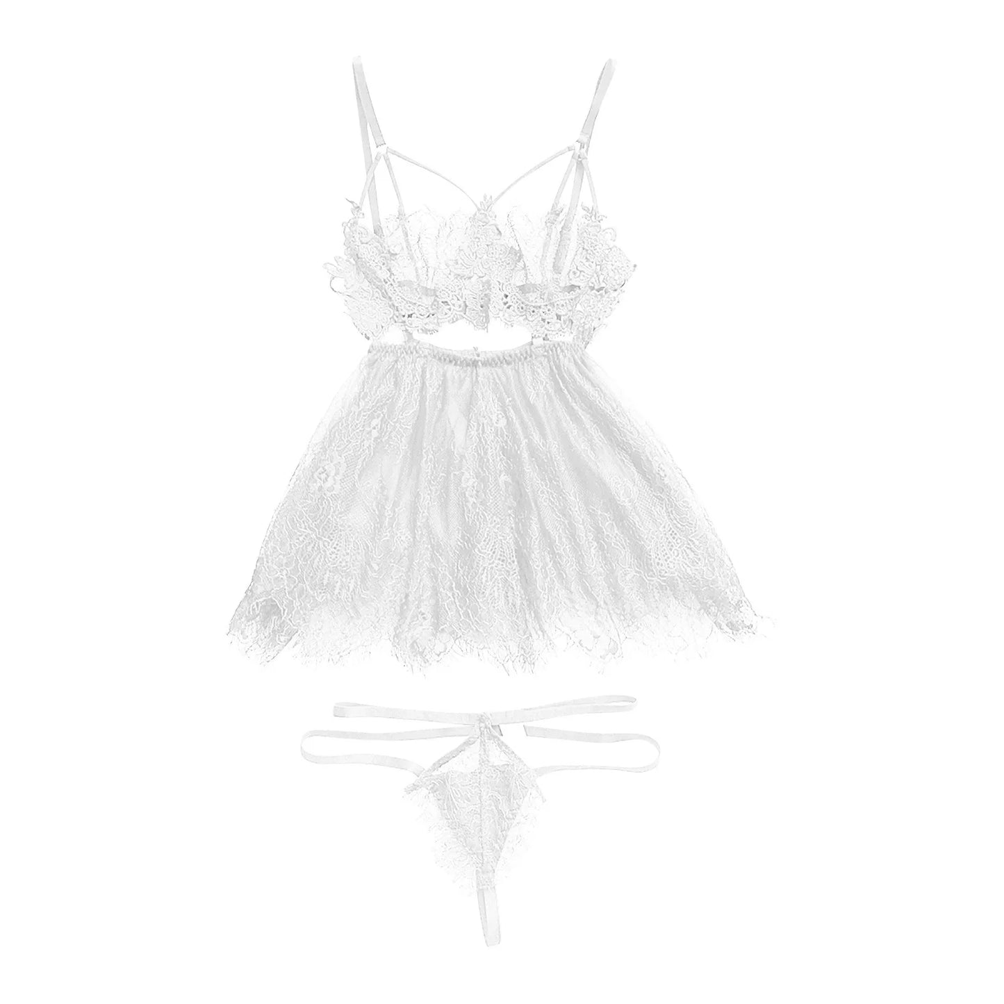 Women Lace Sexy Lingerie Mesh Lace High Waisted Strappy Exotic Sleepwear Nightdress Ladies Ruffle Lace Purelingeries Sexy Hot