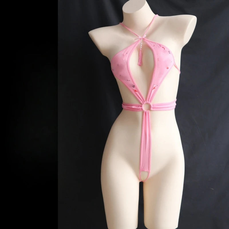 Sexy Lingerie Pink Women's Sexy Bodysuits Open Crotch Transparent Printed Exotic Jumpsuit Lenceria Femenina Temptation Body Suit