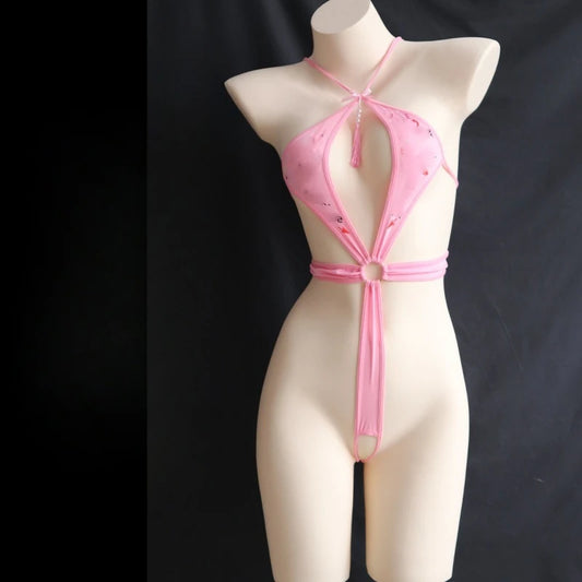 Sexy Lingerie Pink Women's Sexy Bodysuits Open Crotch Transparent Printed Exotic Jumpsuit Lenceria Femenina Temptation Body Suit