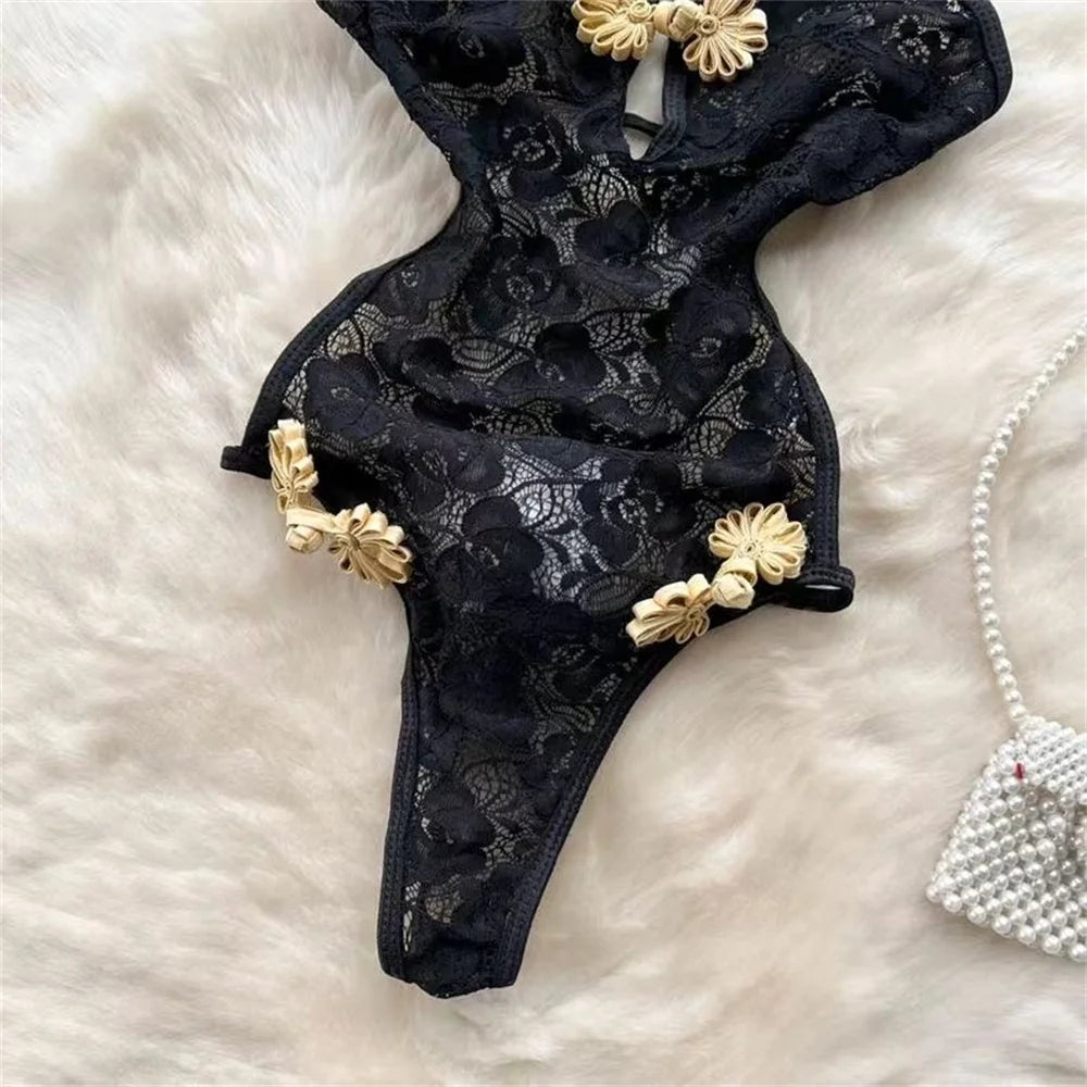 Stand Neck Halter Sleeveless Women's Bodysuit Backless Hollow Out Sexy Lace Black Playsuit Slim Pajamas China Qi Pao Black Sexy