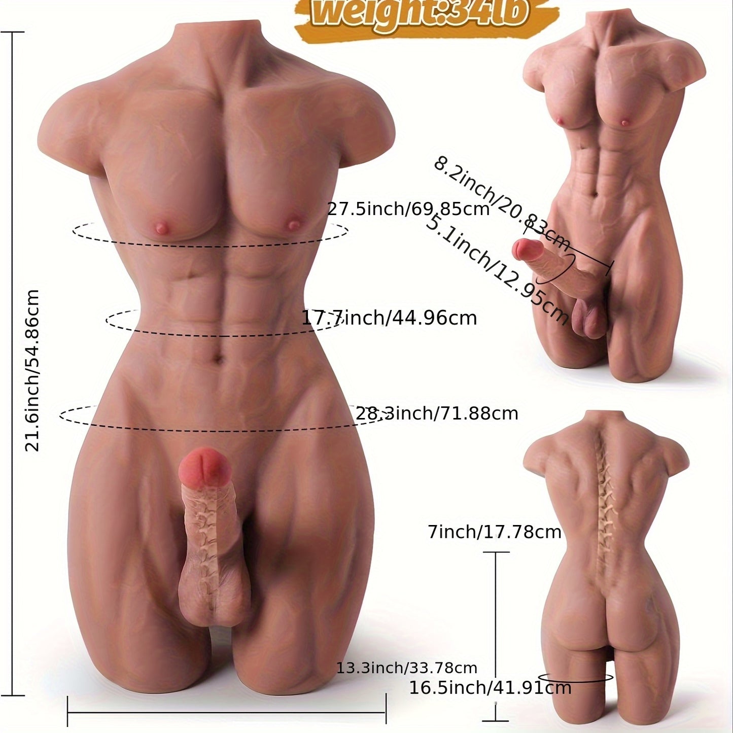 Sex Doll Torso - 35 LB Sex Doll for Women, Large Torso Dildo with 8.5 Inch Huge Penis & 5.1 Inch Anal & Built-in Skeleton & Muscle Abs, Brown TPE Realistic Male Torso Sex Toy for Women Men Gay Couples