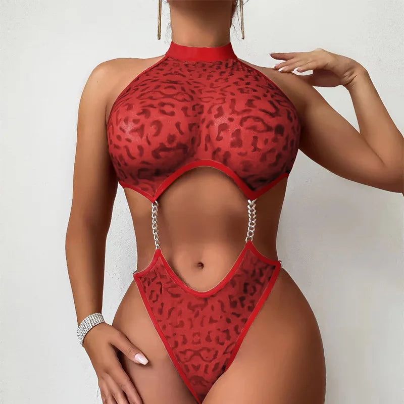 Sexy Red Leopard Print Teddy Bodysuit with Chain Detail - Women's Backless Thong Perfect for Intimate Bedrooms, Role Play