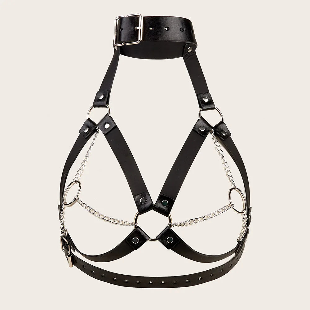 Women's Sex Accessories Strappy PU Leather Rivets Hollow Out BDSM Body Harness Bondage Alternative Outfit Adjustable Queen