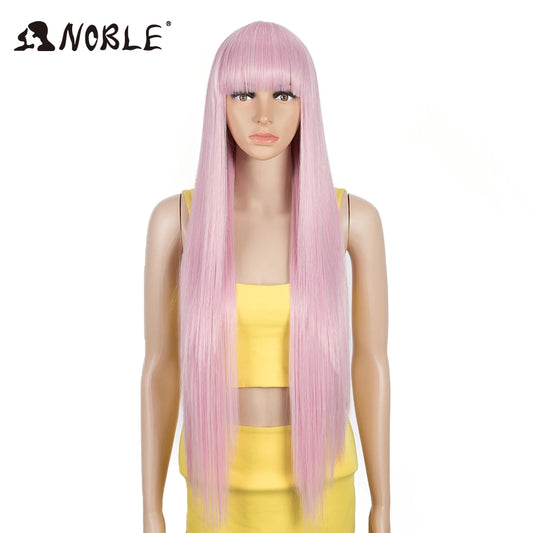 Noble Pink Wig With bangs Synthetic Wig With Bangs Long Straight Ombre Wig Colored Wig Wig For Women Cosplay Wig For Black Women