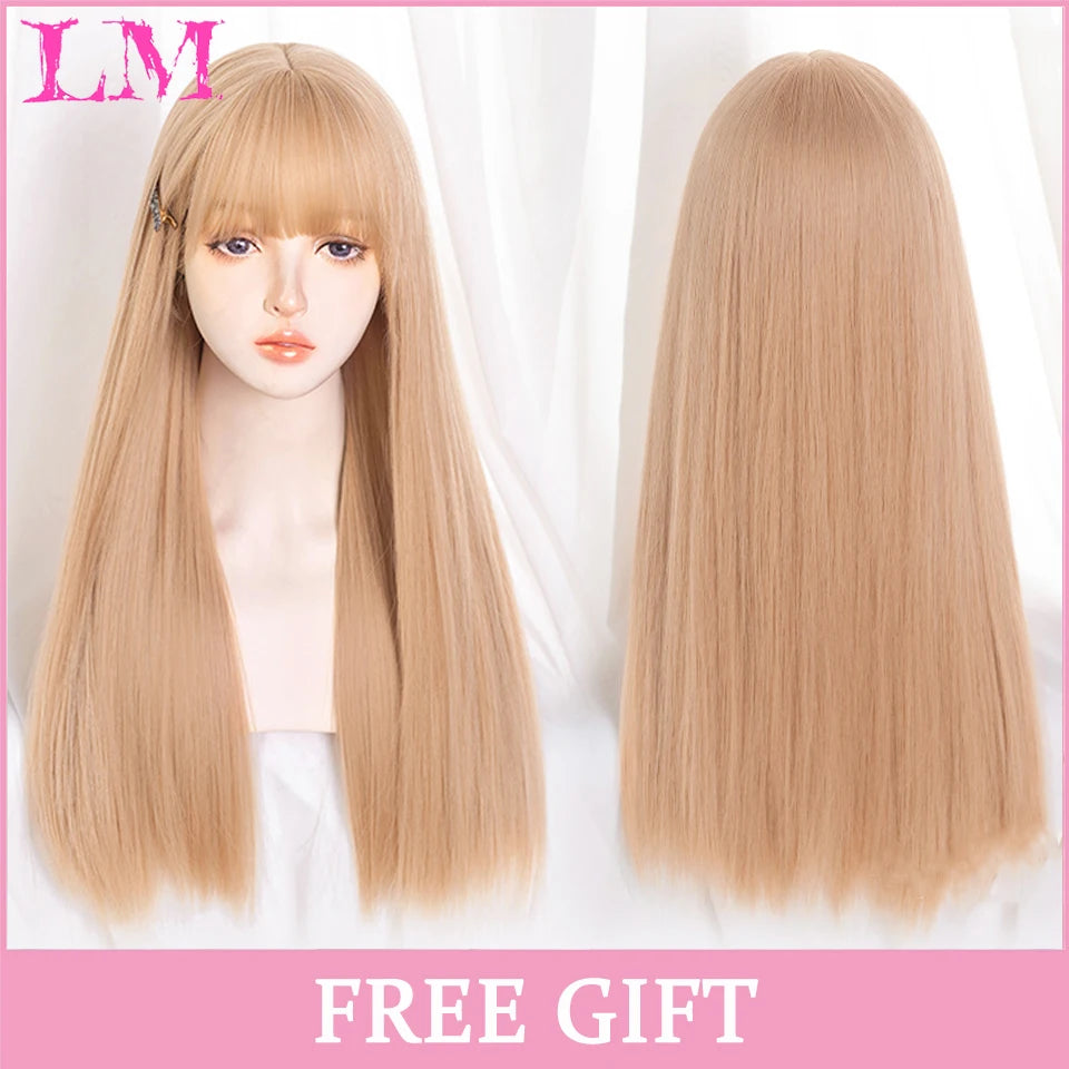 LM Golden Wig Synthetic Ombre Long Straight/Body Wave Middle Part Heat Resistant Natural Hair Wigs For Women Cosplay