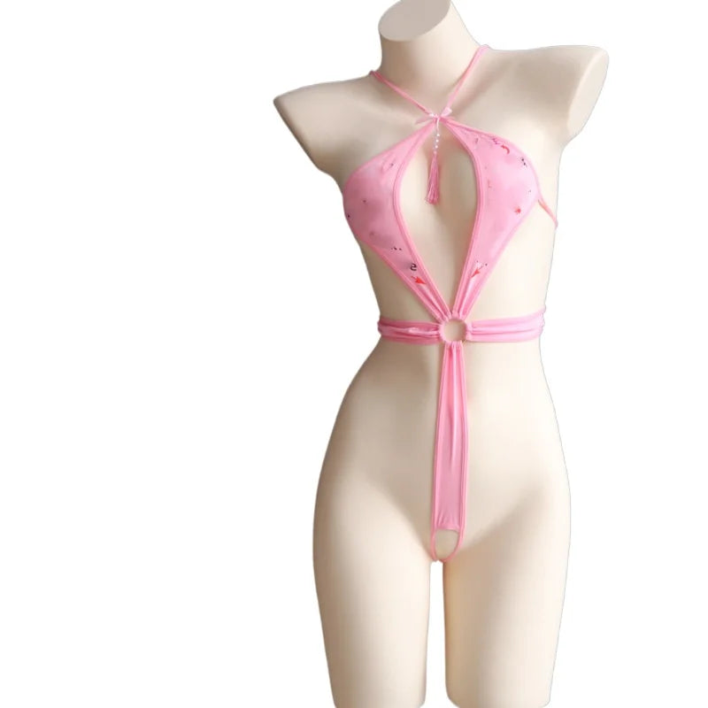 Sexy Lingerie Pink Women's Sexy Bodysuits Open Crotch Transparent Printed Exotic Jumpsuit Lenceria Femenina Temptation Body Suit