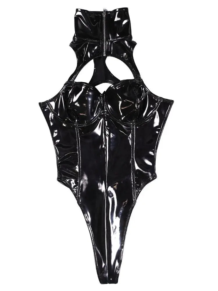3D Hollow Bust Wet Look PVC Catsuit High Cut Zipper Open Crotch Bodysuit Tight Hot Sexy Sukumizu Cosplay Body Shirt Clubwear Top