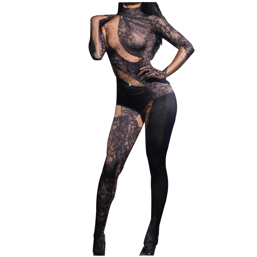 stage sexy blue pink rhinestones long sleeve jumpsuit women pole club Leotard Dance birthday party DS Singer drag queen Costumes