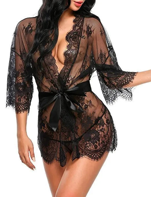 Ladies' Sexy Lace Pajama Set with Three Quarter Sleeves Knitted High and Thin Transparent and Extremely Tempting