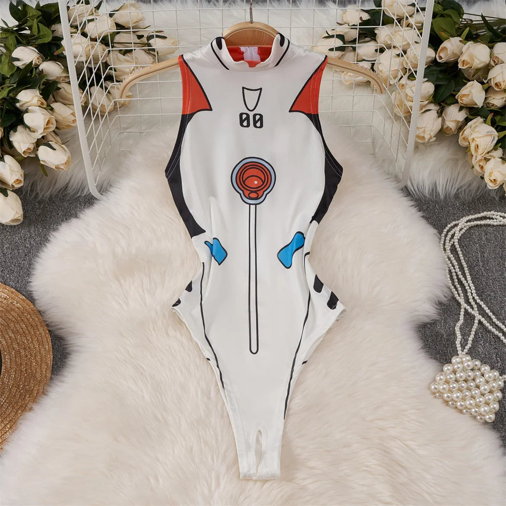 White Cute Sweet Cartoon Printed Jumpsuit Half High Collar Sleeveless Skinny Lingerie Bodycon Bodysuit Rompers Catsuits Clothes