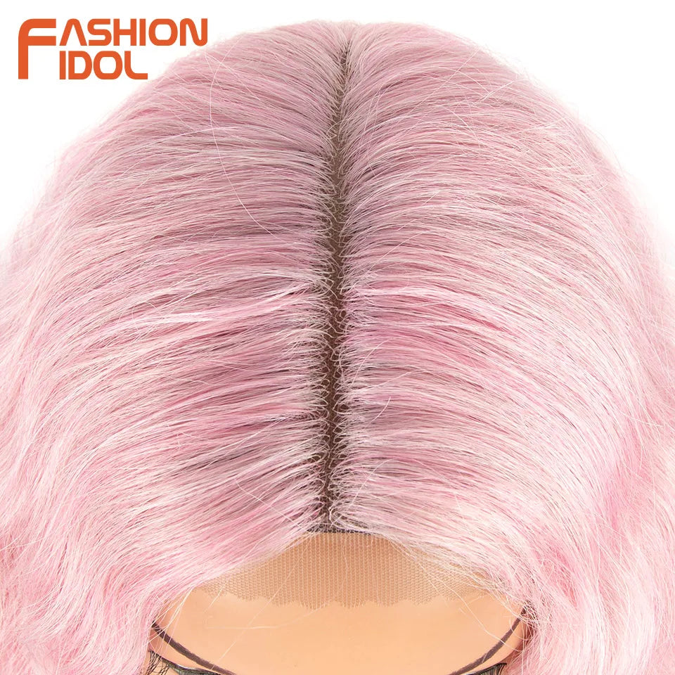 FASHION IDOL 42 Inches Lace Wig Hair Synthetic Wigs For Black Women Ombre Blonde Pink Water Wavy Long Curly Hair Wigs Cosplay