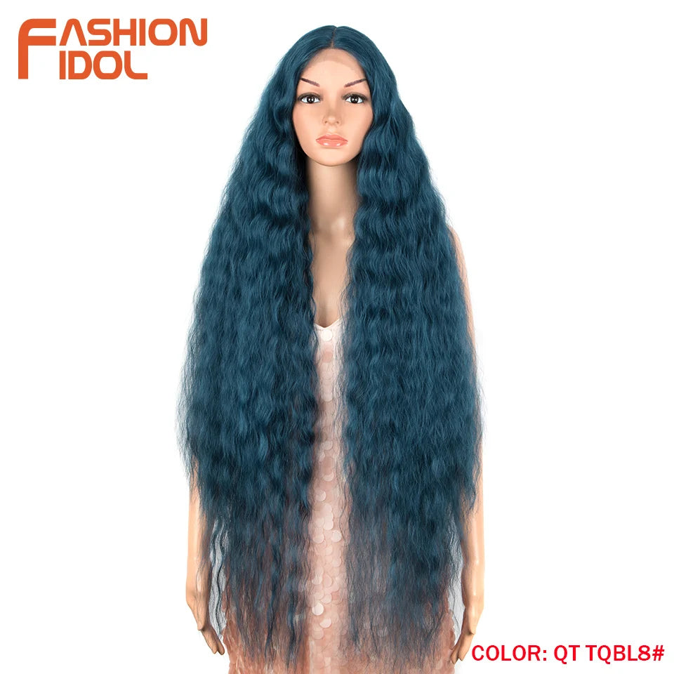 FASHION IDOL 42 Inches Lace Wig Hair Synthetic Wigs For Black Women Ombre Blonde Pink Water Wavy Long Curly Hair Wigs Cosplay