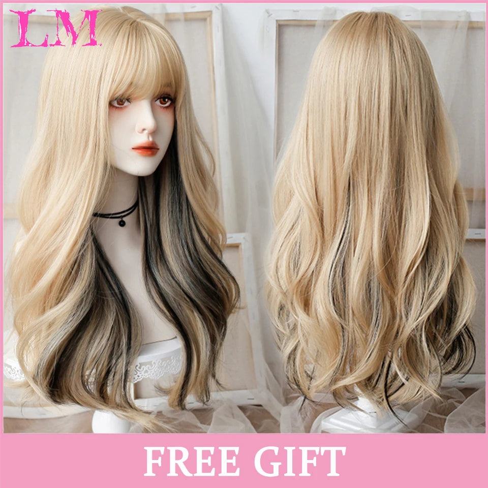 LM Golden Wig Synthetic Ombre Long Straight/Body Wave Middle Part Heat Resistant Natural Hair Wigs For Women Cosplay