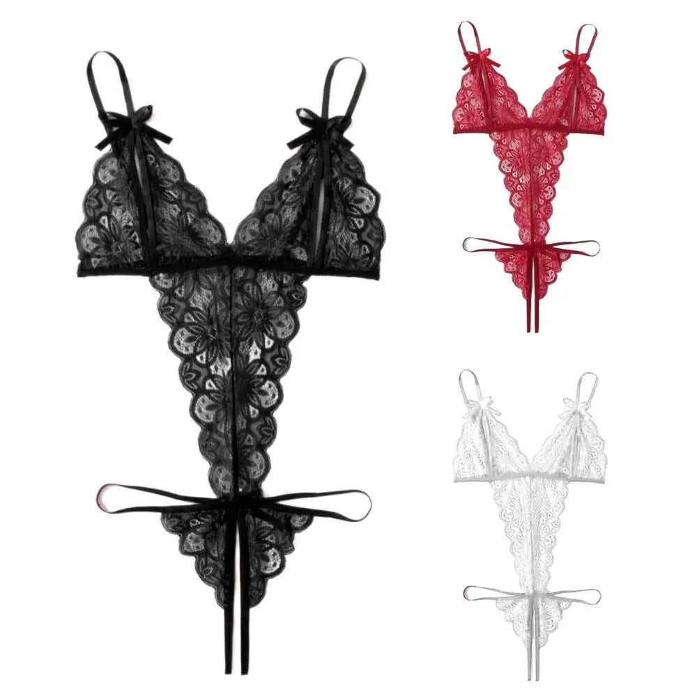 Sweet Deep V Neck Lace Bow Bodysuit Mesh Hollow Transparent Women Lingerie Jumpsuits Sleeveless Lace Sling Nightwear Gifts