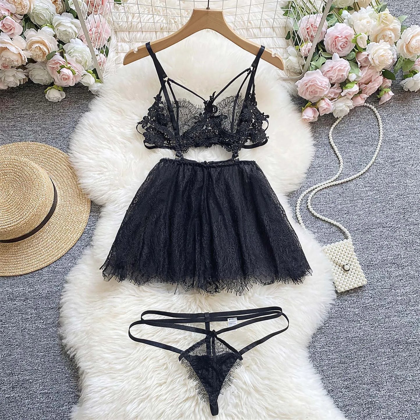 Women Lace Sexy Lingerie Mesh Lace High Waisted Strappy Exotic Sleepwear Nightdress Ladies Ruffle Lace Purelingeries Sexy Hot