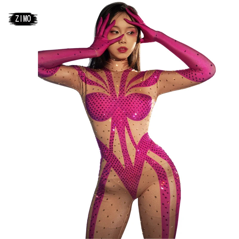 stage sexy blue pink rhinestones long sleeve jumpsuit women pole club Leotard Dance birthday party DS Singer drag queen Costumes