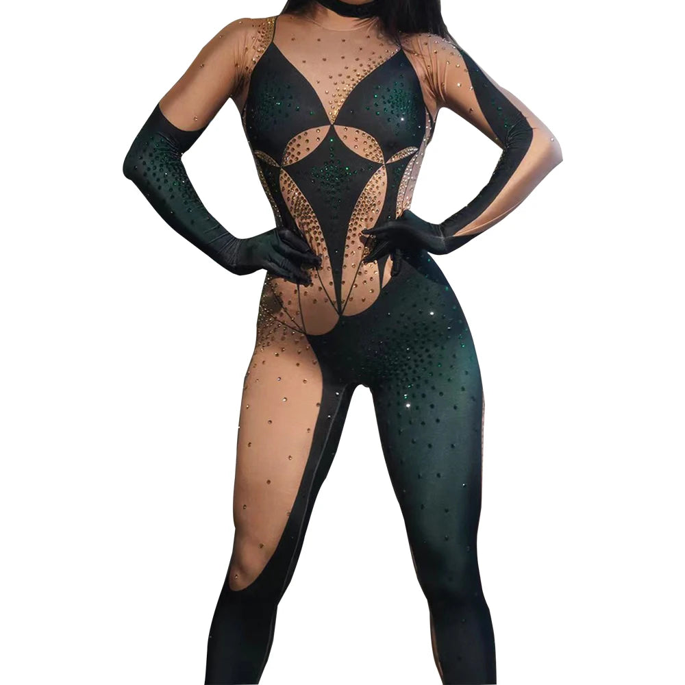 stage sexy blue pink rhinestones long sleeve jumpsuit women pole club Leotard Dance birthday party DS Singer drag queen Costumes
