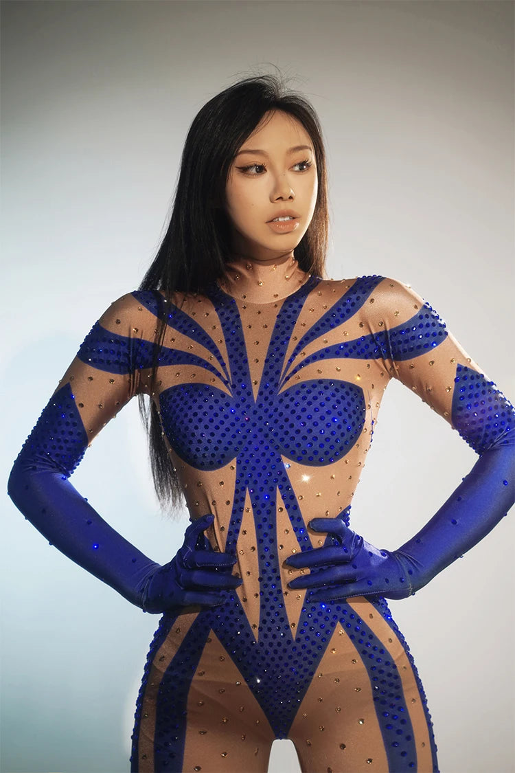 stage sexy blue pink rhinestones long sleeve jumpsuit women pole club Leotard Dance birthday party DS Singer drag queen Costumes