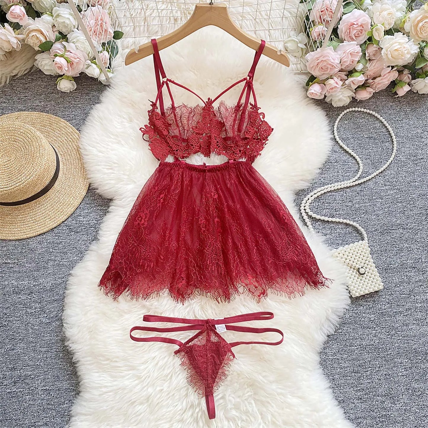 Women Lace Sexy Lingerie Mesh Lace High Waisted Strappy Exotic Sleepwear Nightdress Ladies Ruffle Lace Purelingeries Sexy Hot