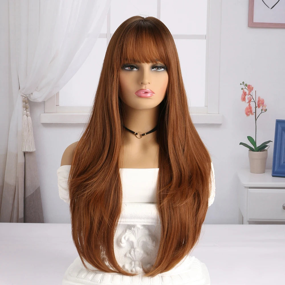 26 Inch Brown Long Wig Synthetic For Women Natural Wave Wigs With Bangs Fake Hair Heat Resistant Fiber For Daily Halloween Party