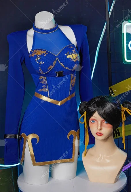 MICCOSTUMES Women's Chun Li Derivative Casual Outfit Halter Dress and Top with Bracelets Hairband Cosplay Costume