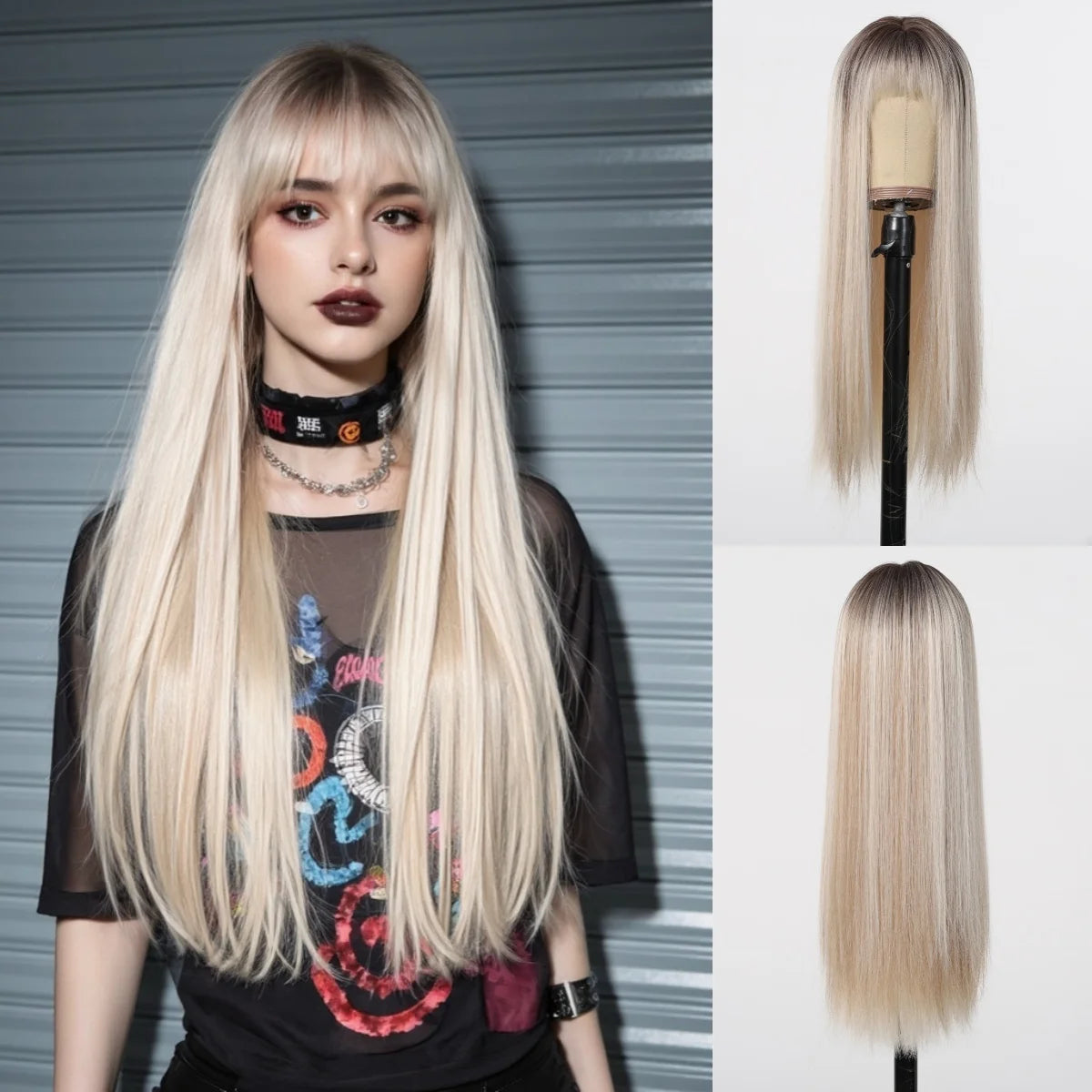 Black Highlight Pink Synthetic Wig with Bangs Long Straight Black Highlight Red Wig For Women Cosplay Party Christmas Wig 26inch