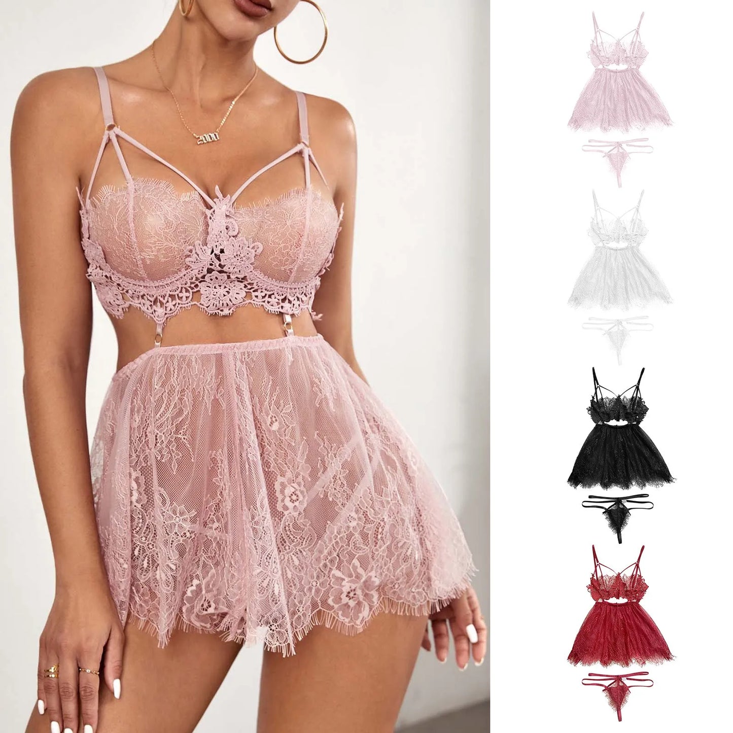 Women Lace Sexy Lingerie Mesh Lace High Waisted Strappy Exotic Sleepwear Nightdress Ladies Ruffle Lace Purelingeries Sexy Hot