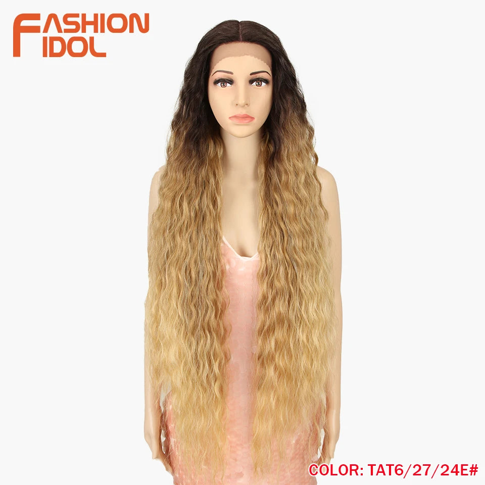 FASHION IDOL 42 Inches Lace Wig Hair Synthetic Wigs For Black Women Ombre Blonde Pink Water Wavy Long Curly Hair Wigs Cosplay