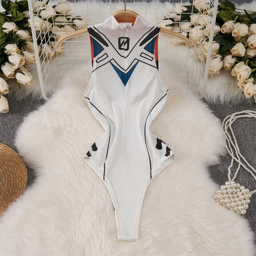 White Cute Sweet Cartoon Printed Jumpsuit Half High Collar Sleeveless Skinny Lingerie Bodycon Bodysuit Rompers Catsuits Clothes