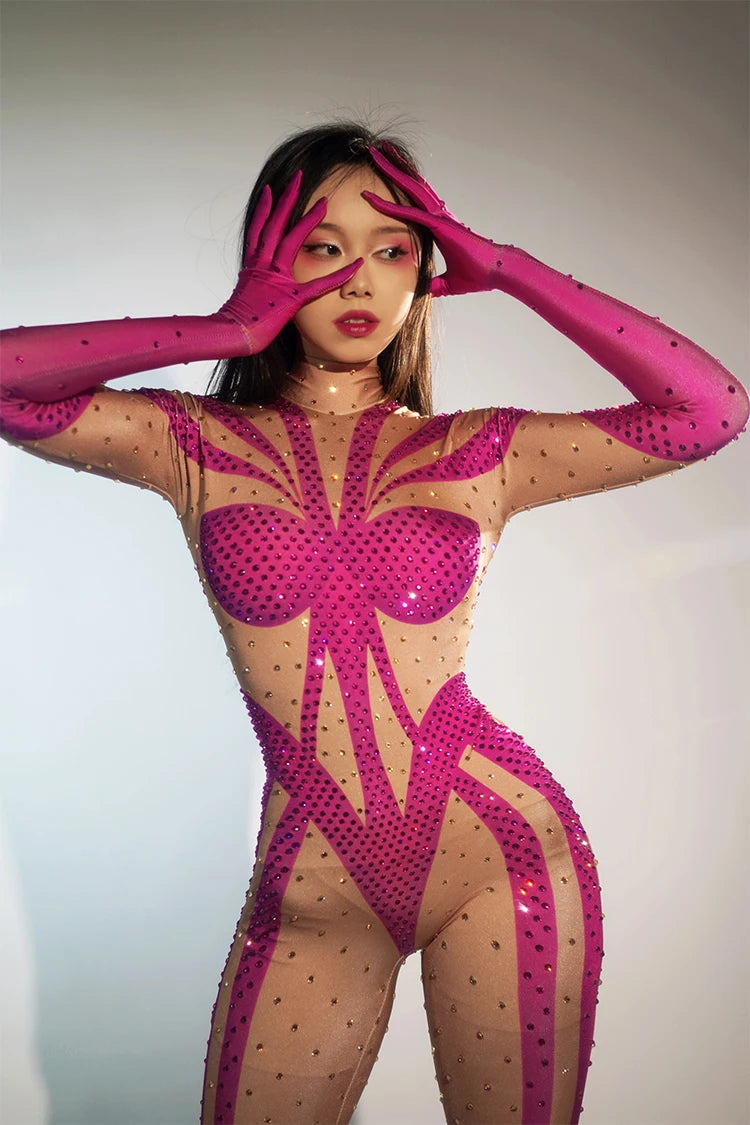 stage sexy blue pink rhinestones long sleeve jumpsuit women pole club Leotard Dance birthday party DS Singer drag queen Costumes