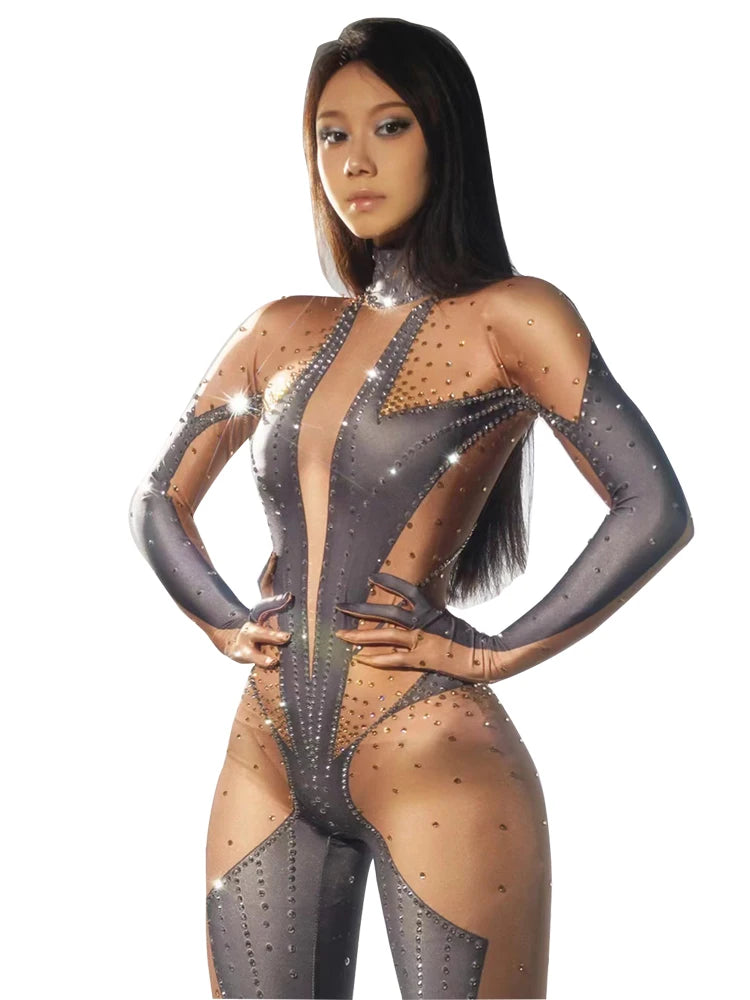 stage sexy blue pink rhinestones long sleeve jumpsuit women pole club Leotard Dance birthday party DS Singer drag queen Costumes