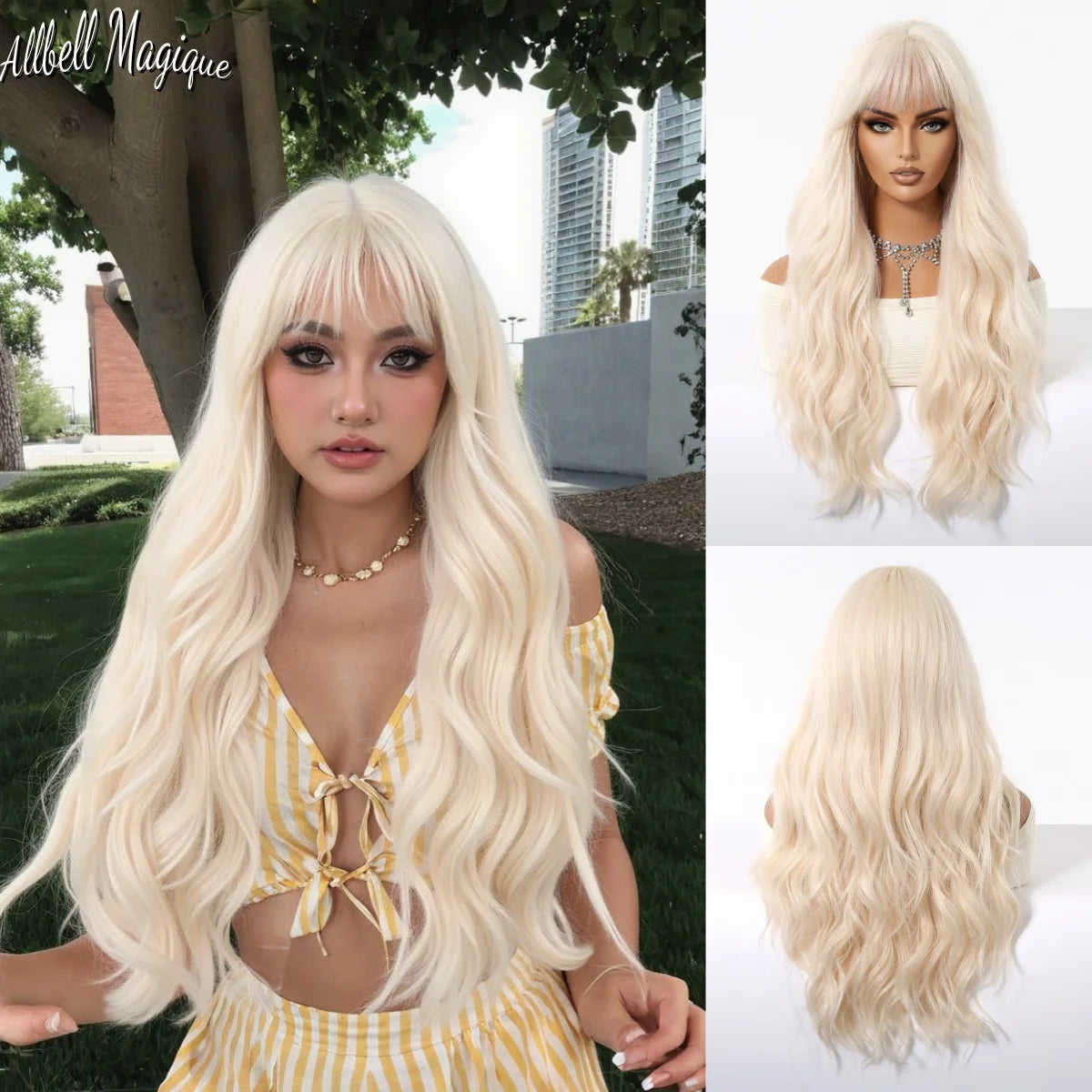 Platinum 613 Blonde Wig Long Wavy Synthetic Wig with Bangs Curly Mixed Golden for Women Cosplay Party Daily Use Heat Resistant