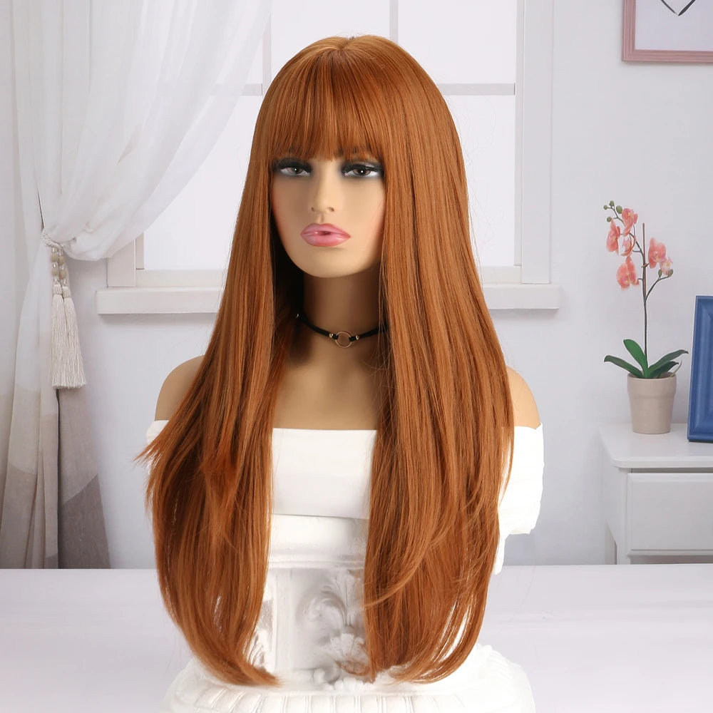 26 Inch Brown Long Wig Synthetic For Women Natural Wave Wigs With Bangs Fake Hair Heat Resistant Fiber For Daily Halloween Party